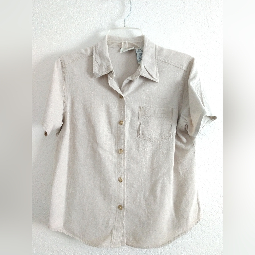 White Stag Linen Blend Camp Shirt Short Sleeve Beige Oatmeal Small Chest 34"